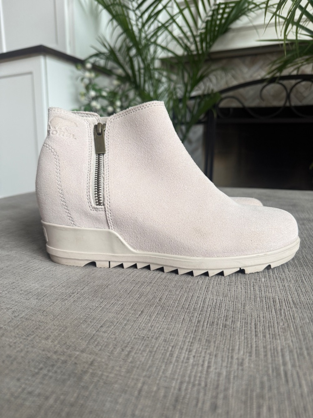 Light Pink Suede Wedge Ankle Boot with Side Zip 9